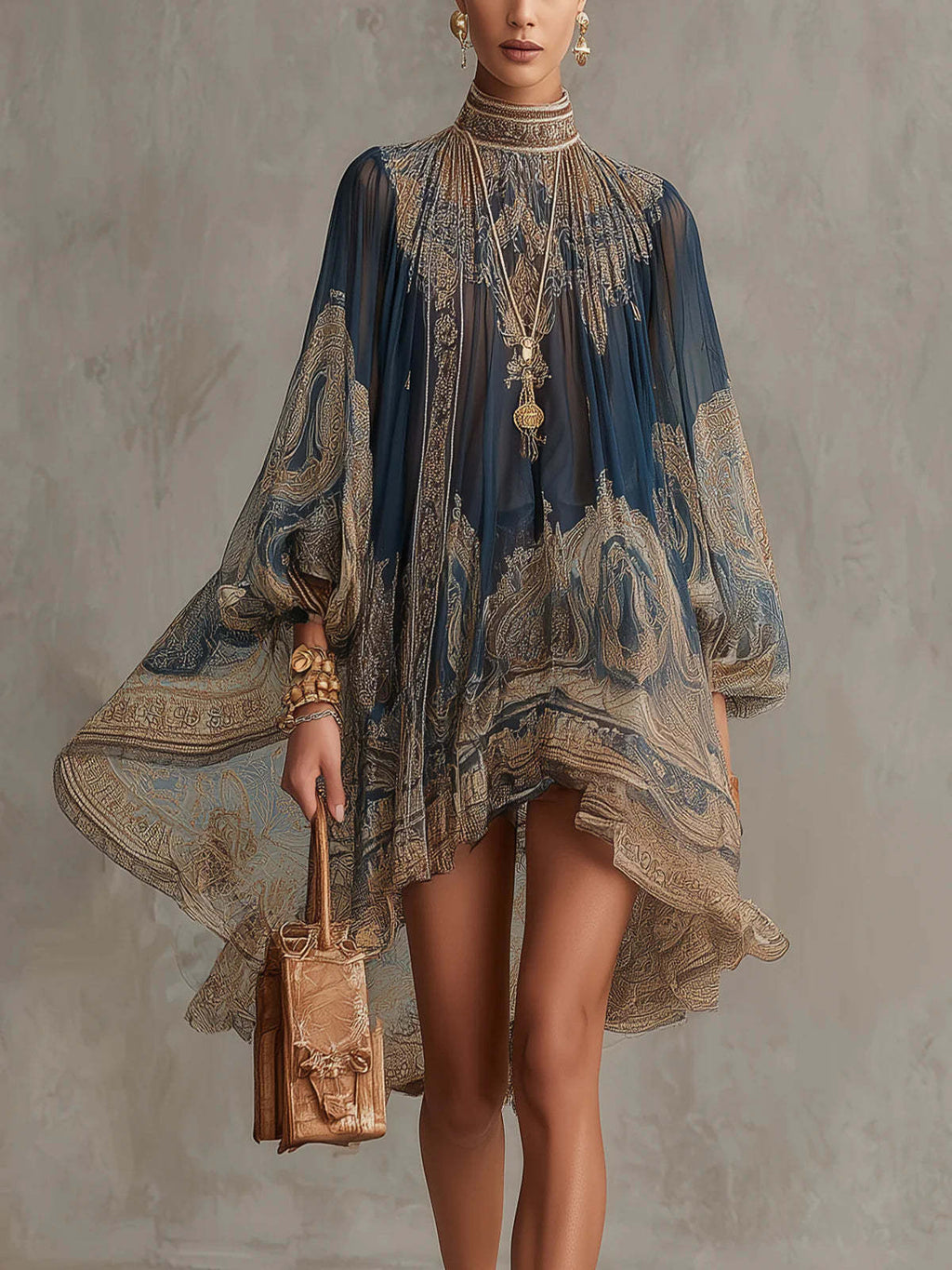 Navy Puff Sleeve Boho Dress