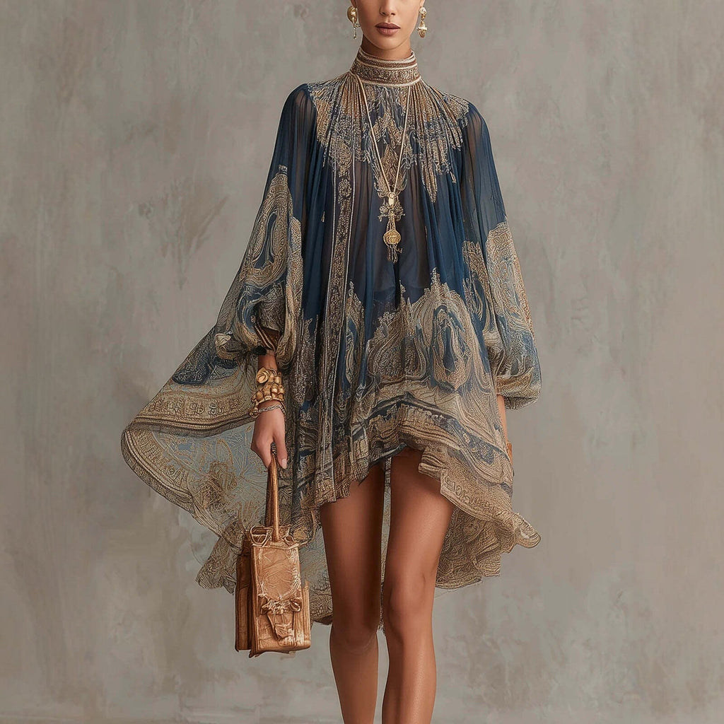 Navy Puff Sleeve Boho Dress