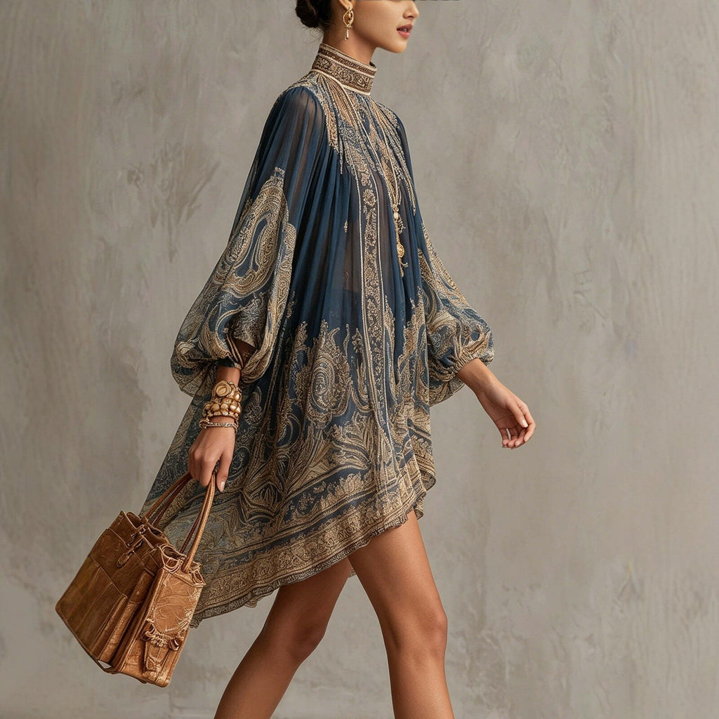 Navy Puff Sleeve Boho Dress