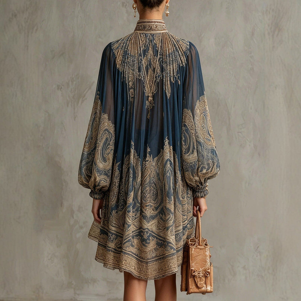 Navy Puff Sleeve Boho Dress