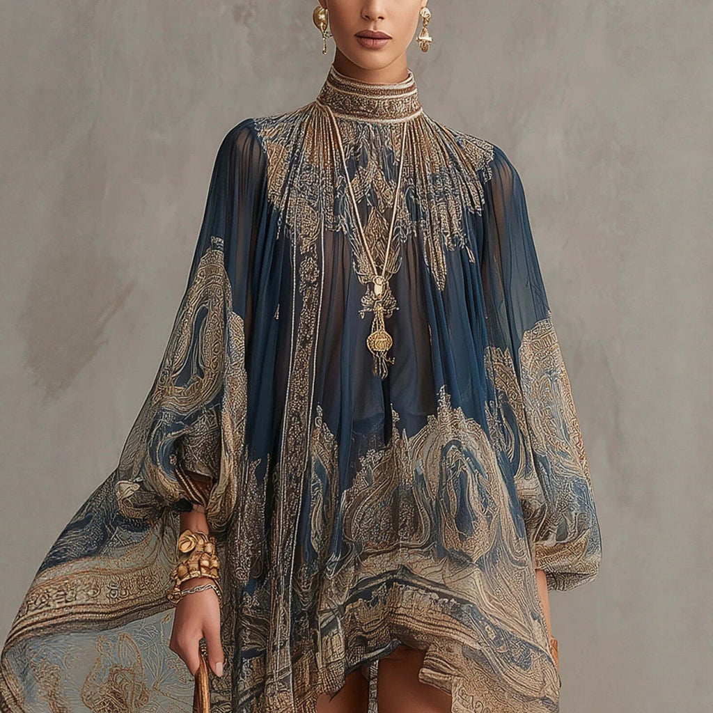 Navy Puff Sleeve Boho Dress