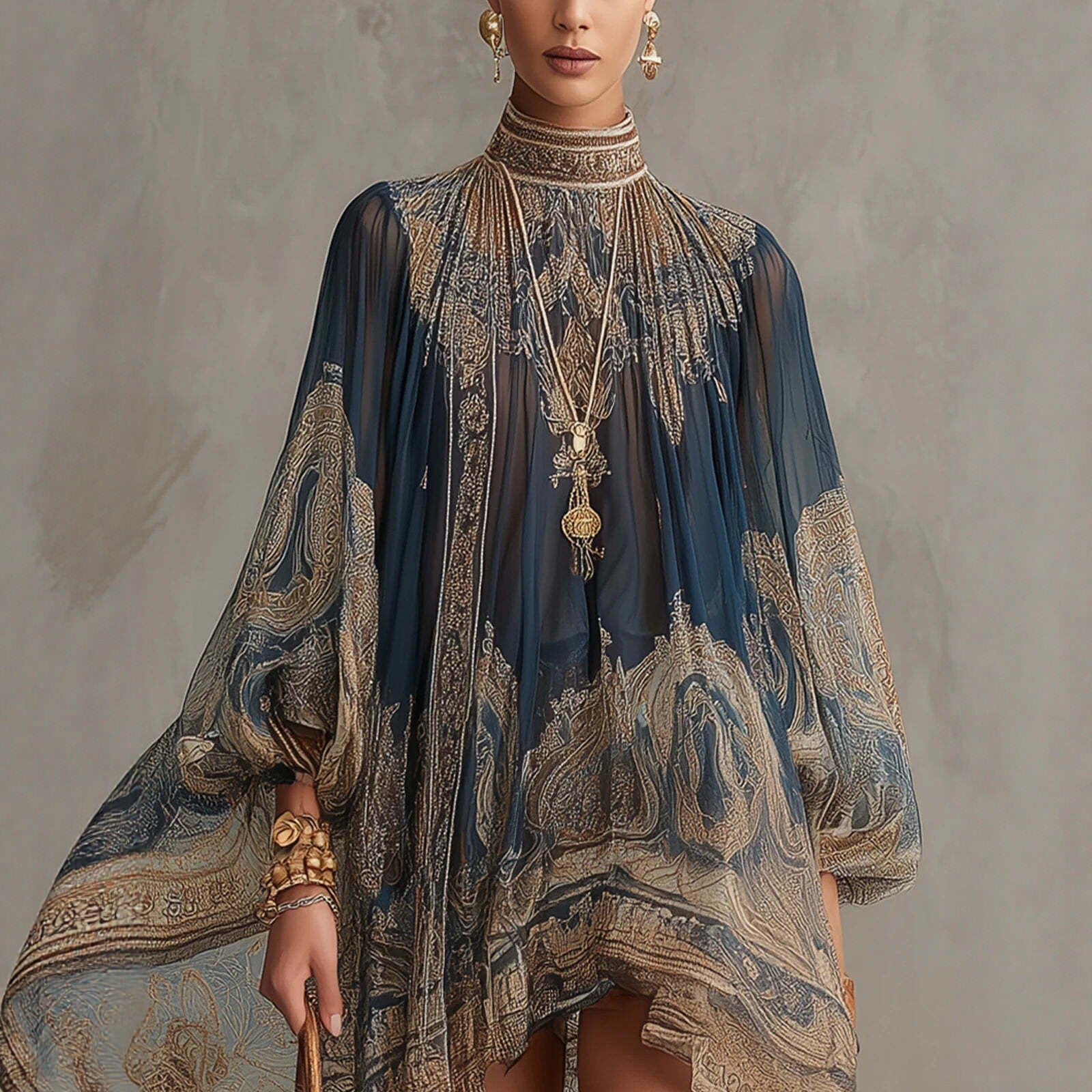 Navy Puff Sleeve Boho Dress