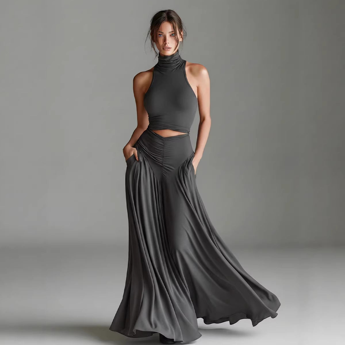 High-Neck Top & A-Line Dress Set